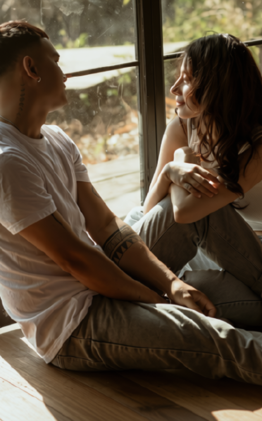 Two people sharing a warm, sunlit moment