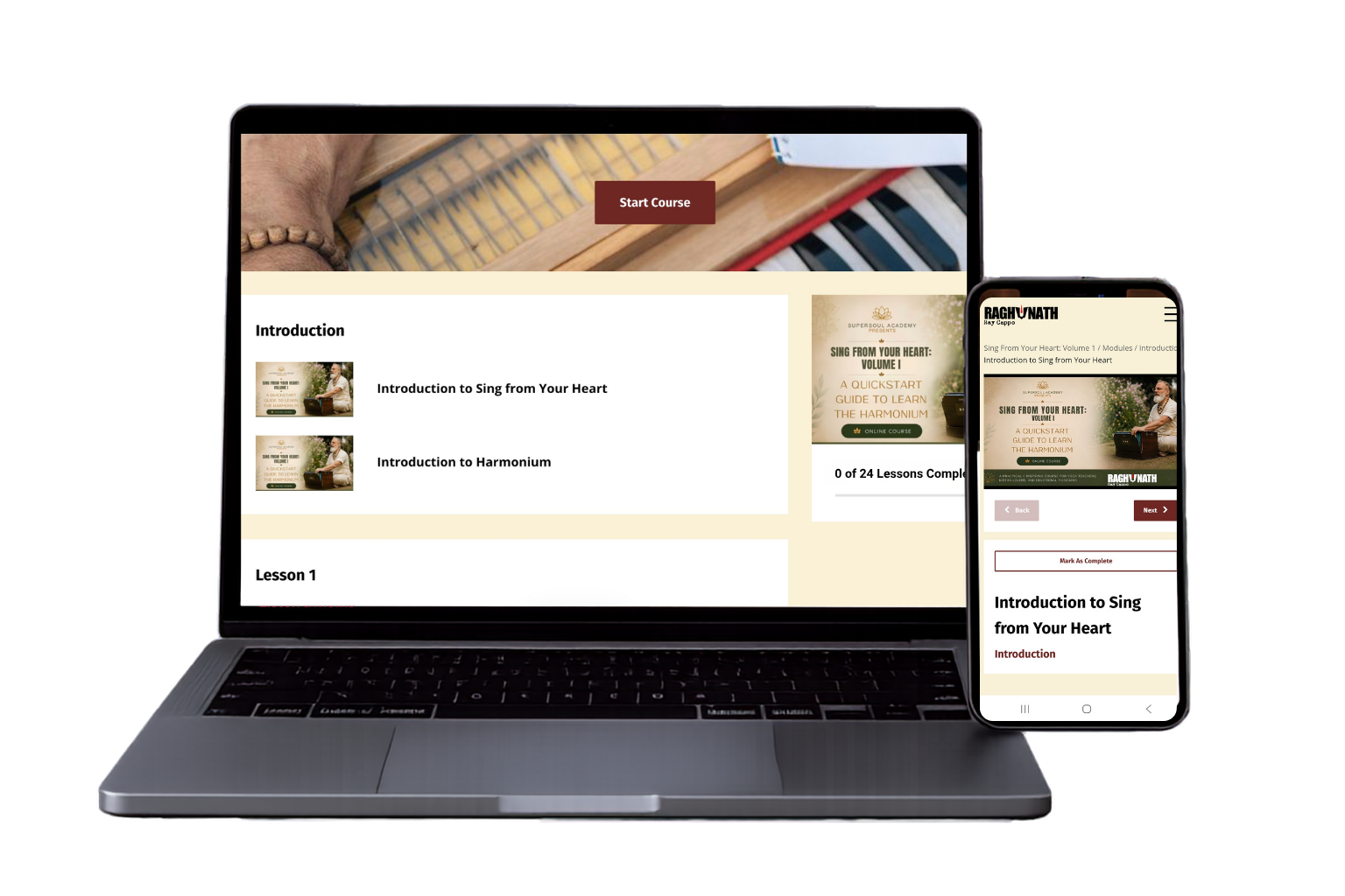 Laptop and smartphone mockup displaying Raghunath’s “Sing From Your Heart: Volume I” online harmonium course, including the course dashboard and introductory lesson page.