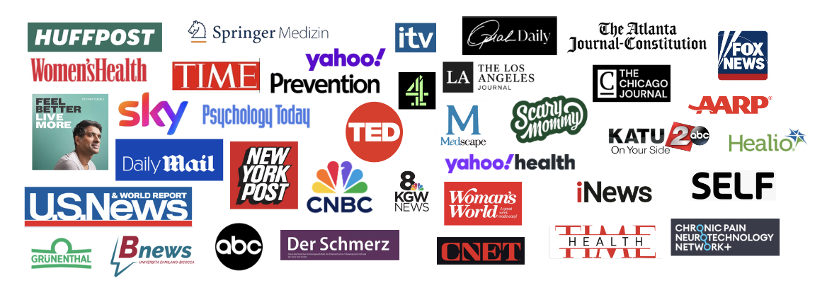 List of TV stations and publications including US News and world Report, ABC, Der Schmertz in Germany, SELF Magazine, and more
