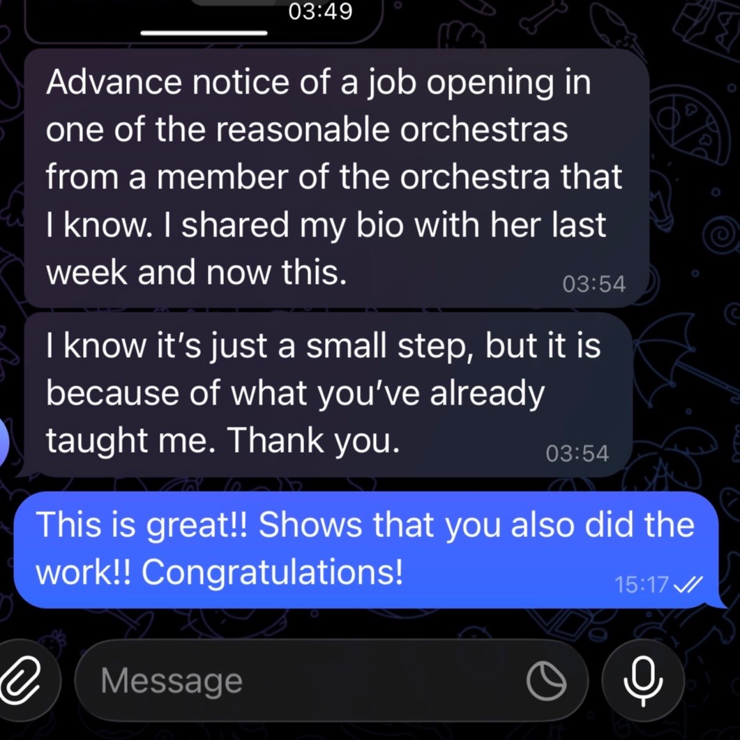 Client testimonial about taking visible professional action and receiving advance notice of a job opening
