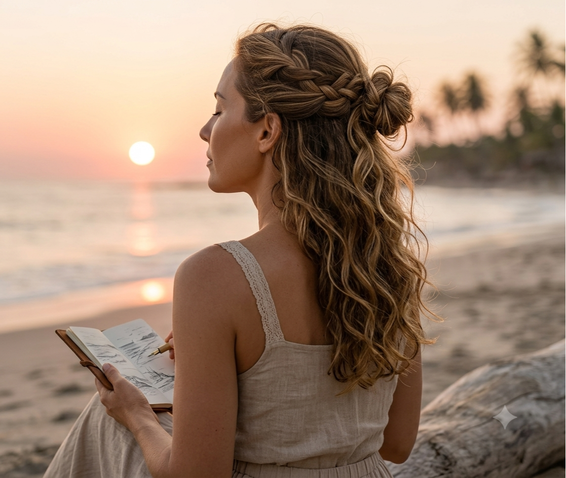 Woman looking out at the sunset over the ocean