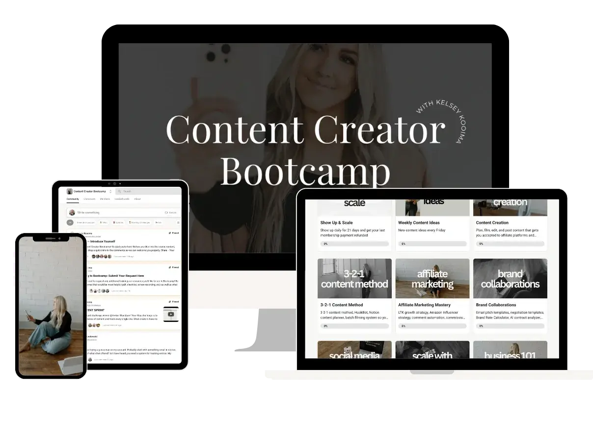 Content Creator Bootcamp course preview showing modules on affiliate marketing, brand deals, and paid ads