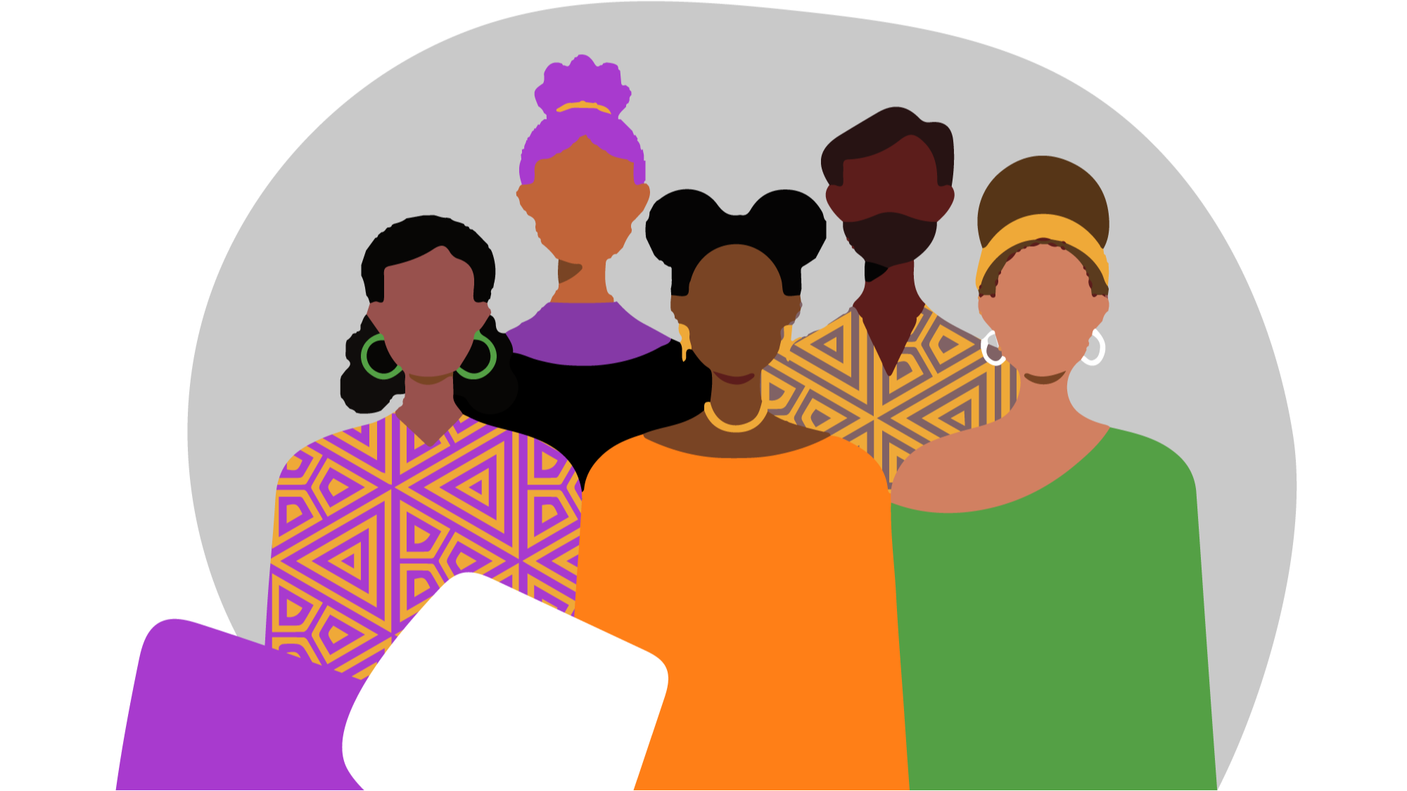 Illustration of five practitioners standing together, in DFSi brand colours and pattern