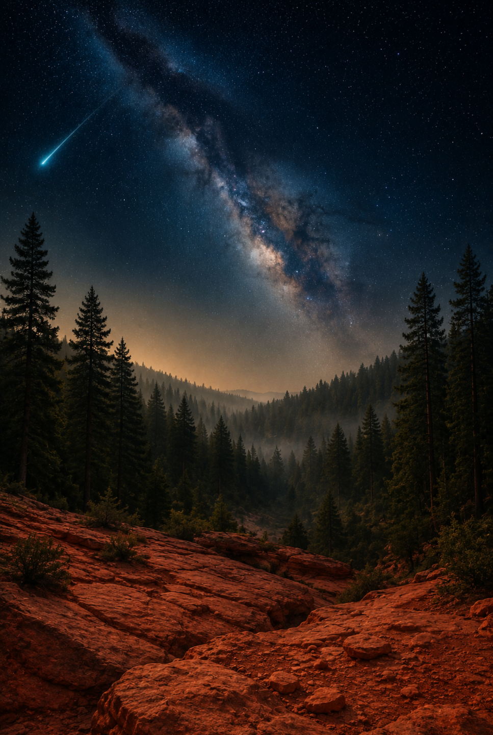 Milky Way over a misting forest, descending into Sedona red rock