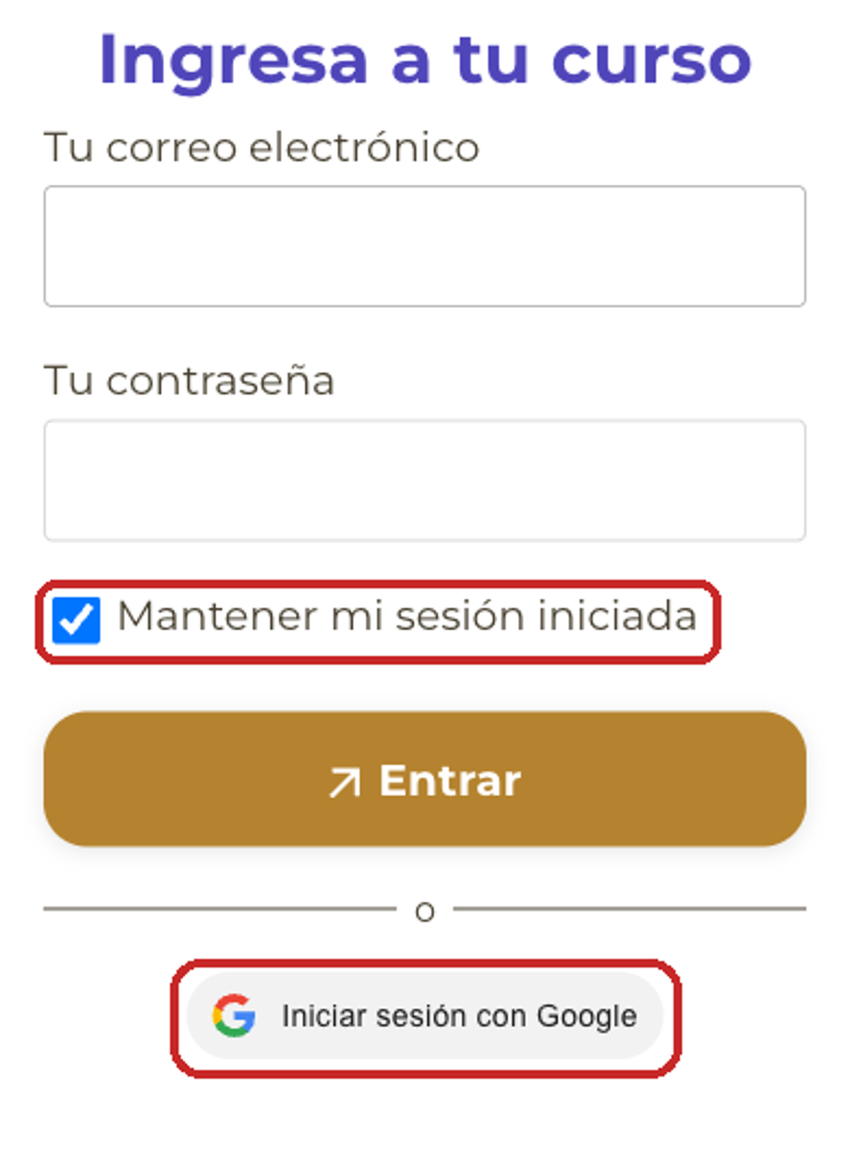 La casilla Mantener mi sesión iniciada y el botón Iniciar sesión con Google, marcados en rojo