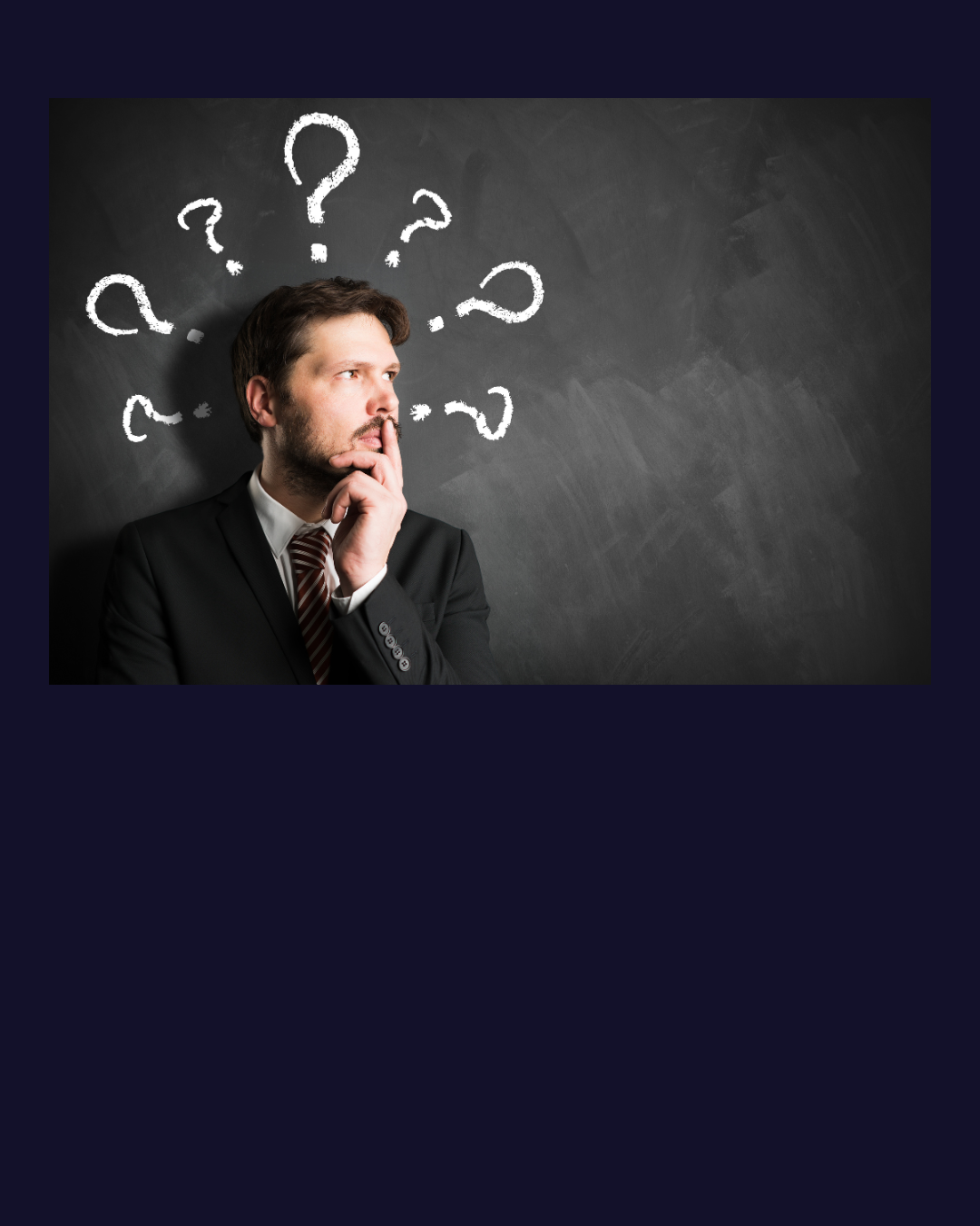 A salesperson thinking, surrounded by chalk question marks