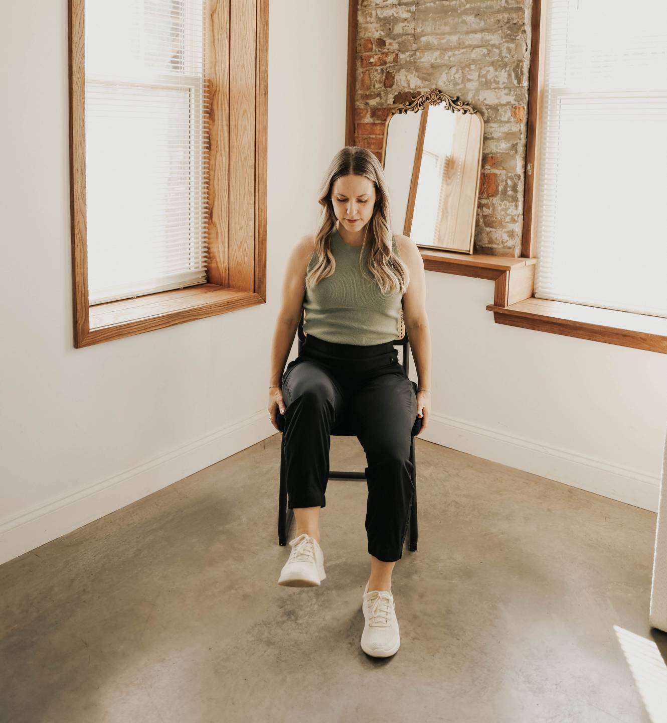 Dr. Gretchen Hawley demonstrating a sit-to-stand exercise