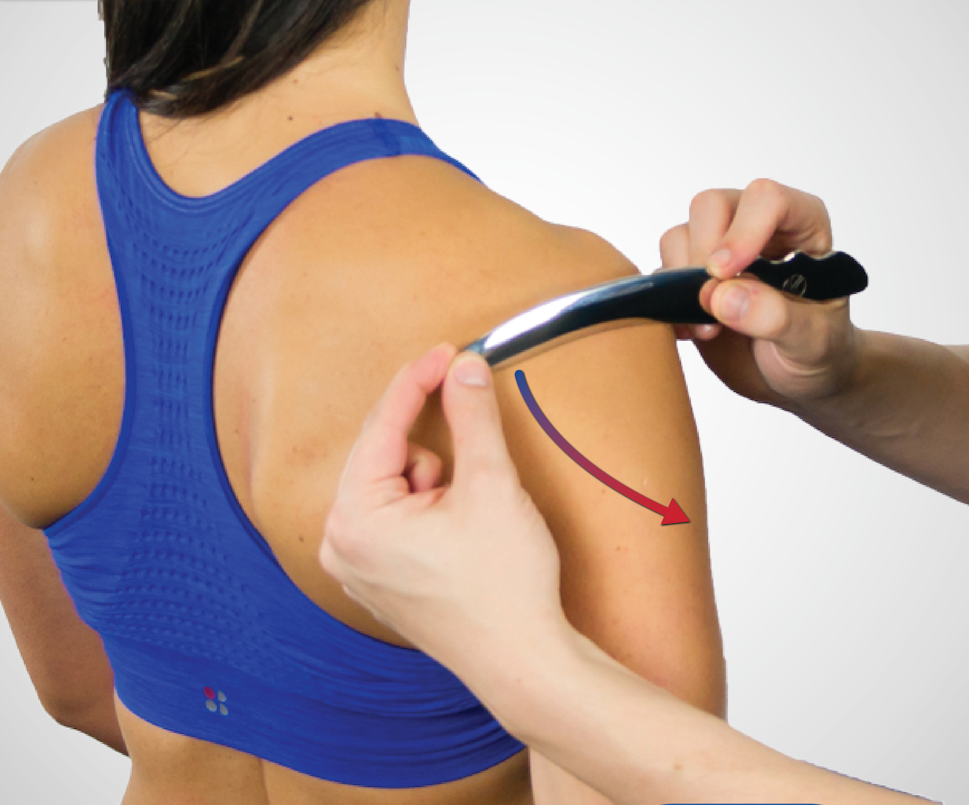 IASTM Scanner tool being used for a diagnostic fanning technique on the shoulder