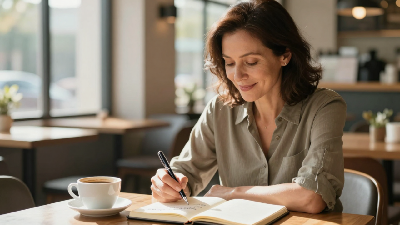 Woman writing in her journal through the Fall Into Gratitude guide by Barbara Lynn Burns
