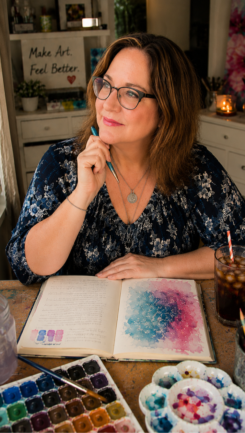 Barbara Lynn Burns writing and painting in her journal