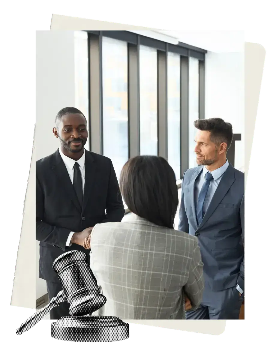 Legal professionals discussing career opportunities in a law firm, with a gavel symbolising decisions made behind closed doors