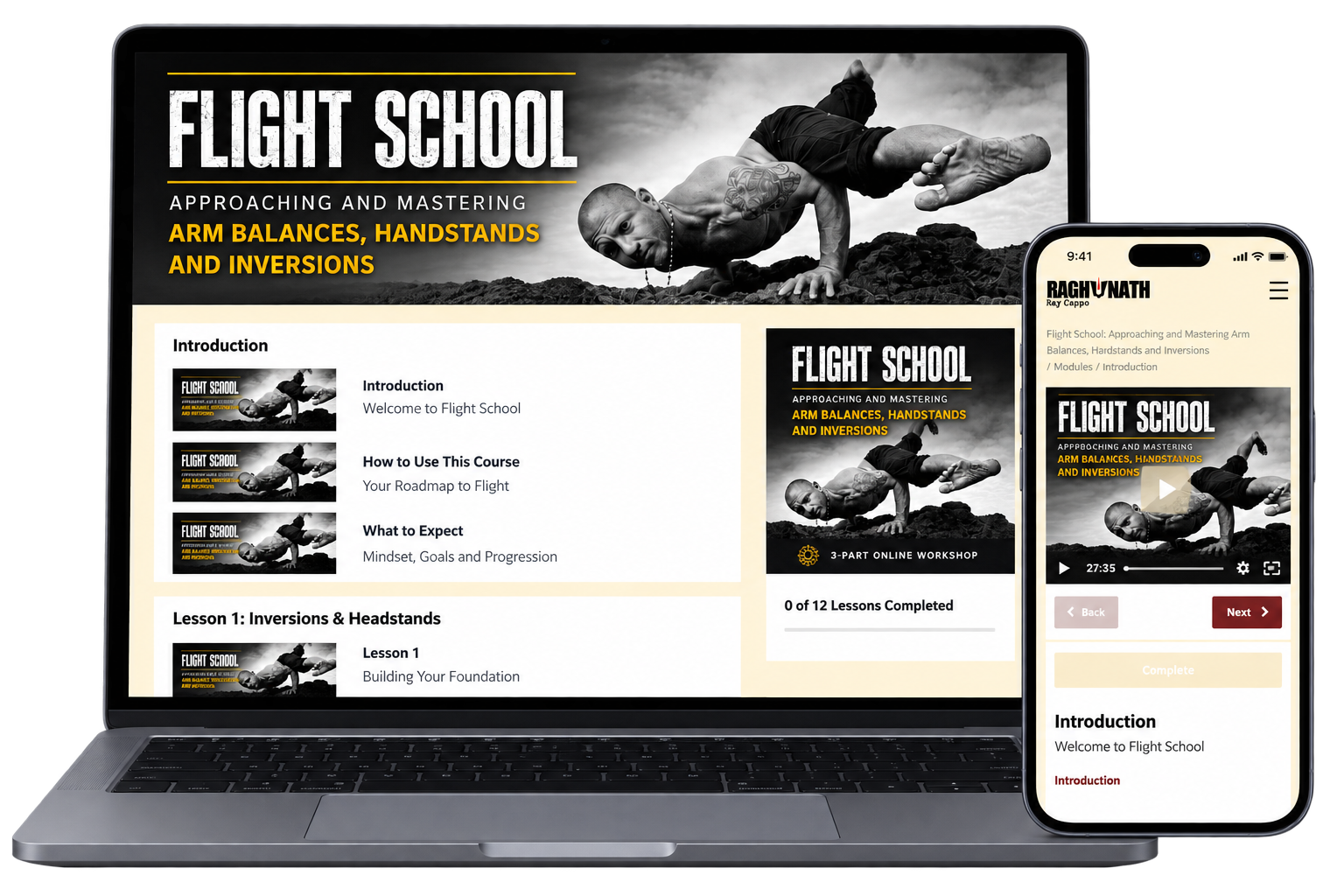 Flight School online yoga course with Raghunath featuring inversions, handstands and arm balances, shown on laptop and mobile devices.