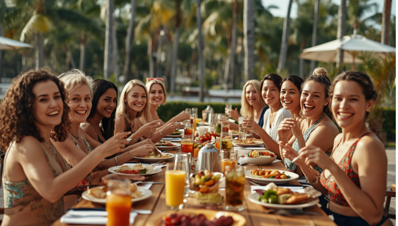 The long outdoor table set for twelve