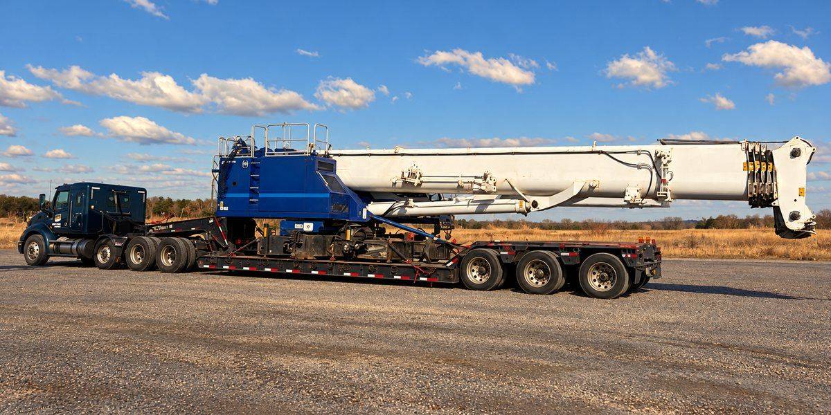 Telescopic crawler crane loaded on an RGN lowboy trailer for an oversize haul