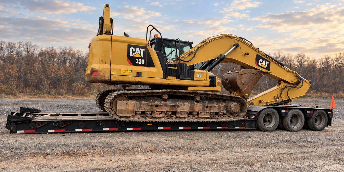 CAT 330 excavator loaded on a 48 ft RGN trailer for an oversize haul from New York to Pennsylvania