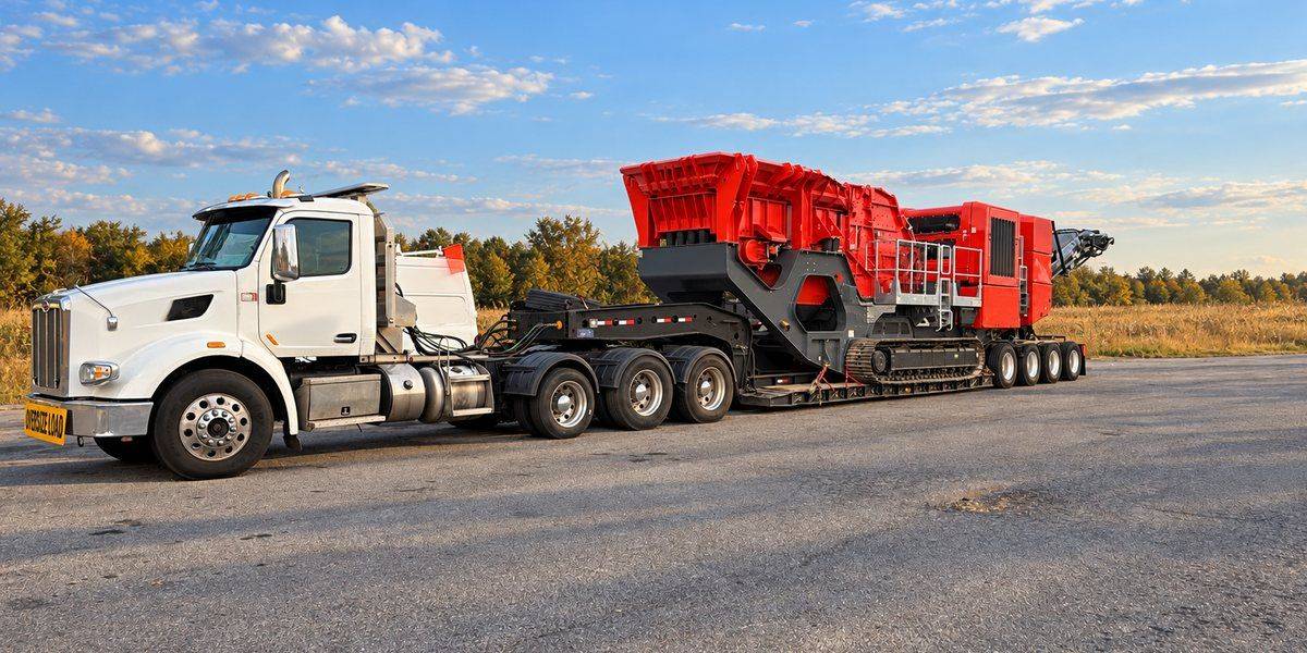 Finlay I-140 rock crusher on a multi-axle lowboy trailer, an oversize and overweight load from Baltimore to Indianapolis