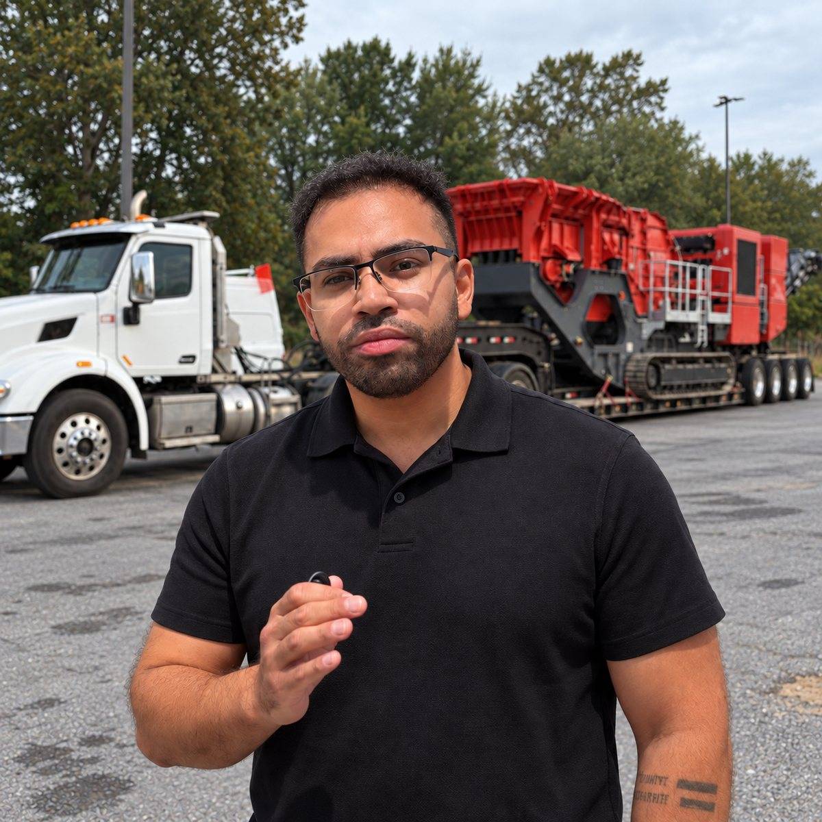 Sergio Bolanos, founder of United Freight and instructor of Heavy Haul Academy, beside a heavy haul rig