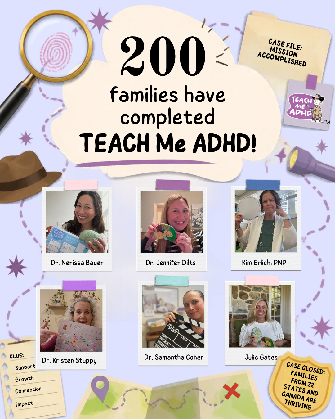 An image which says 200 families have complete TEACH Me ADHD! Included in the image are photos of Dr Nerissa Bauer, Dr Jennifer Dilts, Kim Erlich PNP, Dr Kristen Stuppy, Dr Samantha Cohen and Julie Gates. There are fun map and detective graphics around the edges of the image. At the bottom it says Case Closed: Families from 22 states and Canada are thriving.