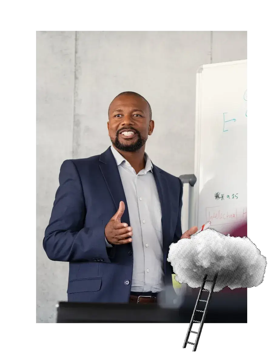 Confident Black male lawyer speaking in front of partners