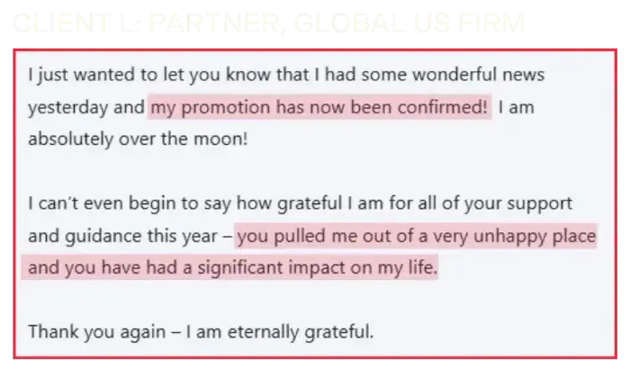 Coaching Testimonial from Client L, partner at Global US firm: My promotion has now been confirmed!