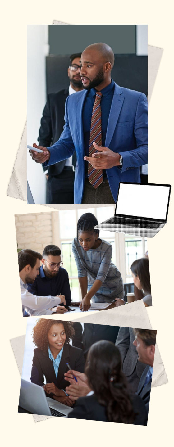 Black lawyers presenting, collaborating, and networking in professional settings
