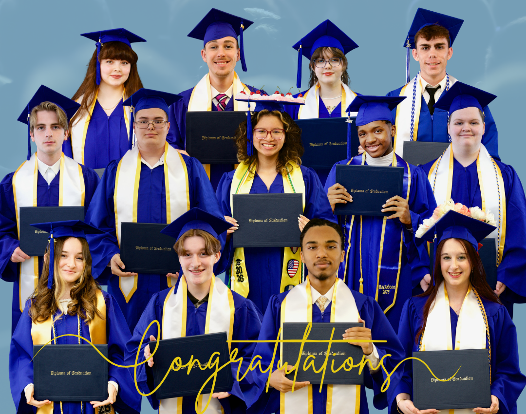 Some of the 2026 NC Homeschool Graduation participants wearing blue caps and gowns and holding diplomas