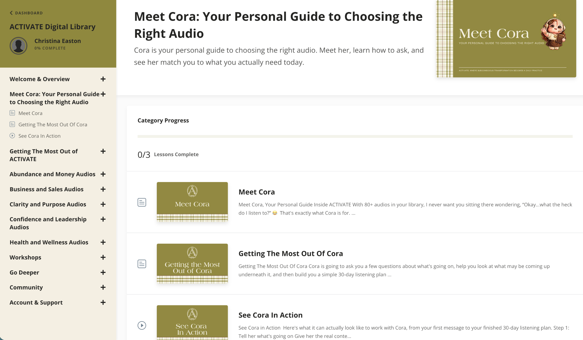 The Meet Cora module inside the Activate library, listing its three lessons