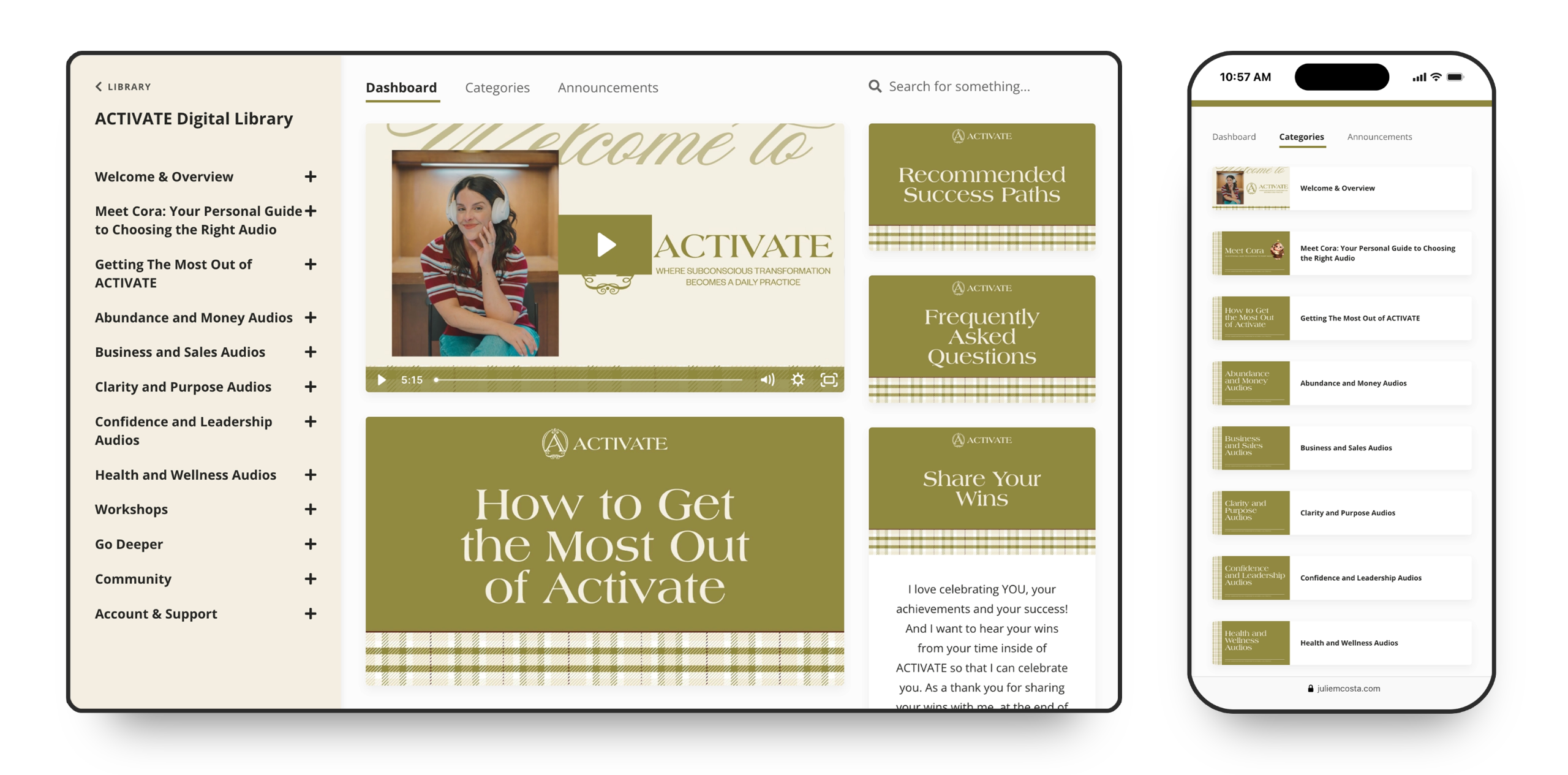 The Activate digital library shown on desktop and mobile, with audio categories listed down the side