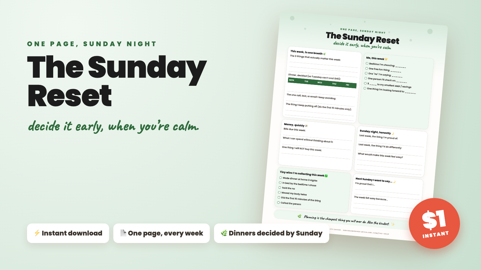 The Sunday Reset printable weekly page