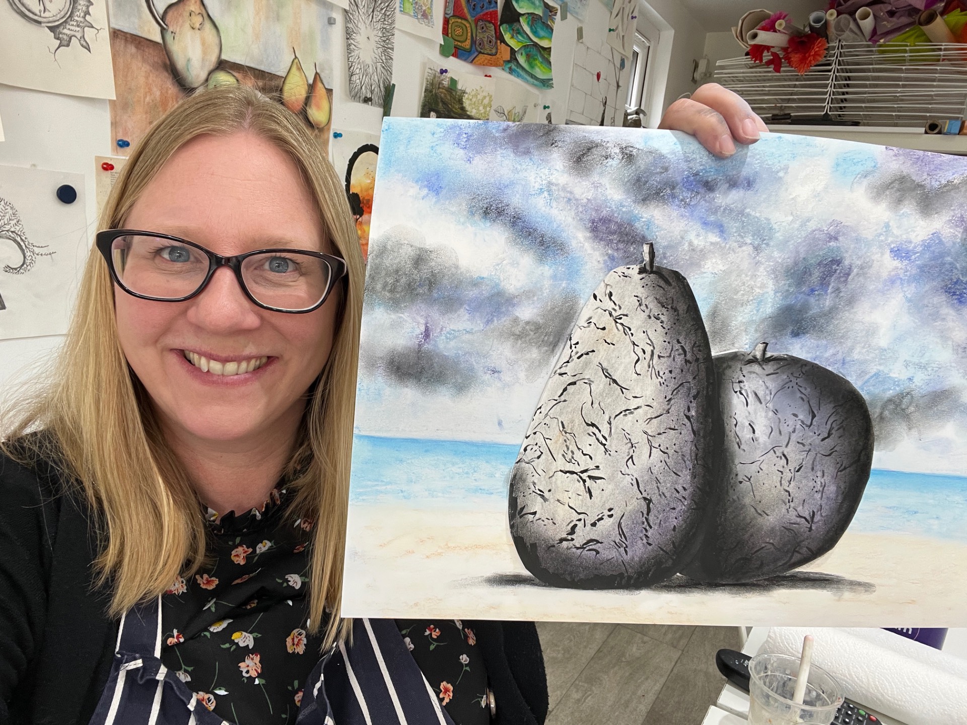 Adults participating in a relaxed drawing and pastel class at Create Art School, working with colourful reference images in a bright, welcoming studio space