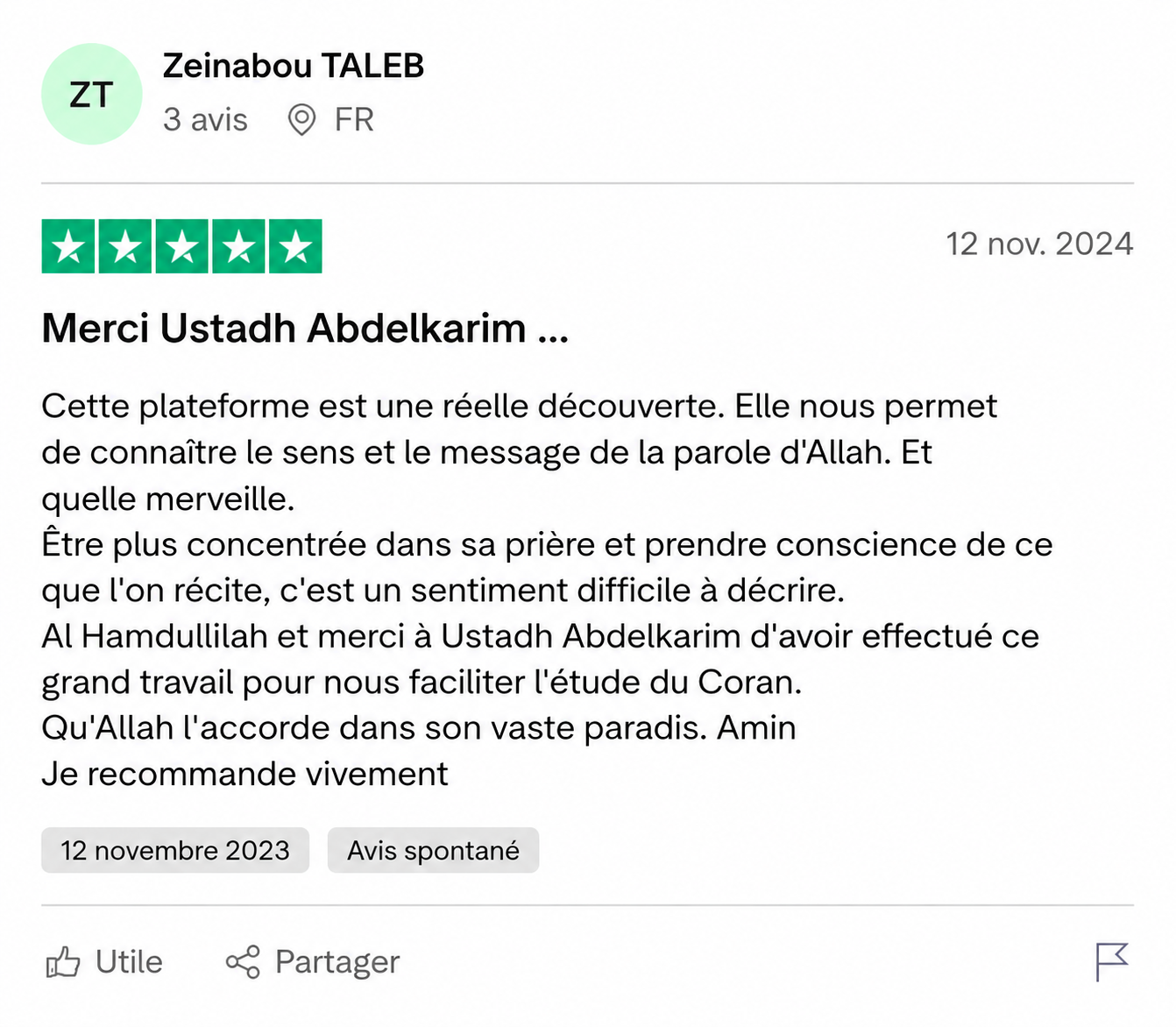 Avis de Zeinabou sur la formation Vivre le Coran