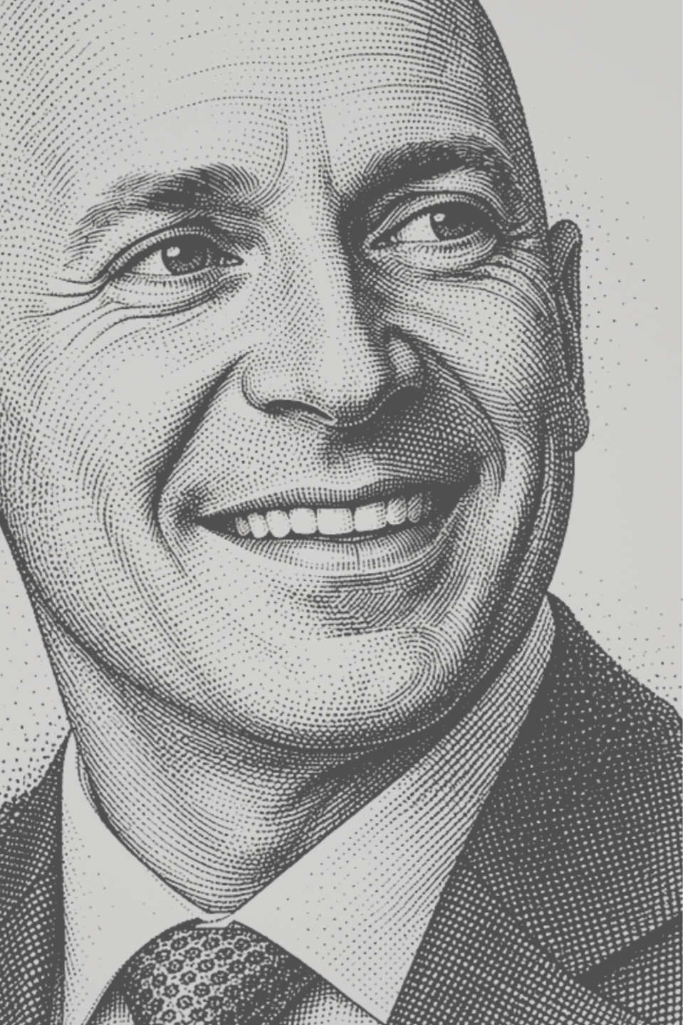Engraved-style illustration of a senior executive in a suit