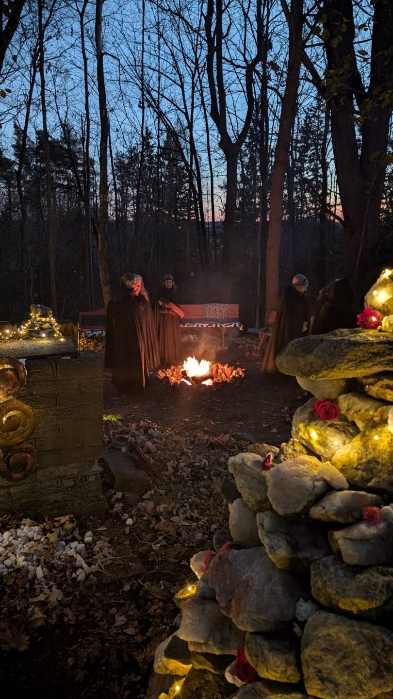 Druid holding a tray with a jar of rose petals and a couldron