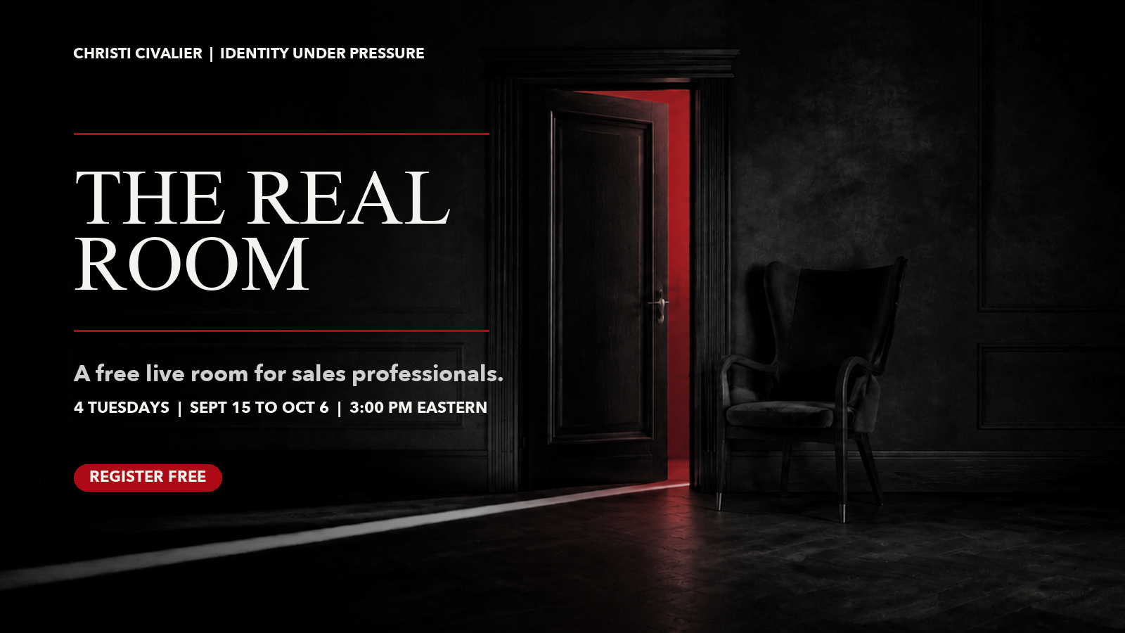 An upholstered chair beside an open paneled door with red light entering a dark room.