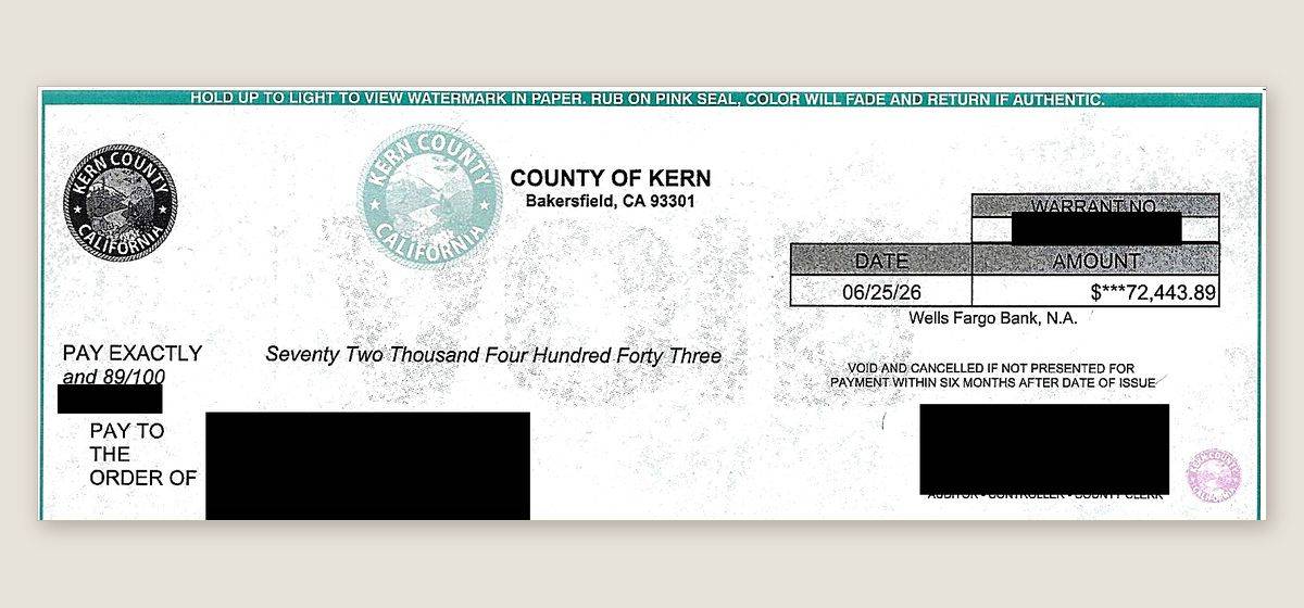 Kern County, CA treasurer check for $72,443.89 recovered by Overage Acquisition