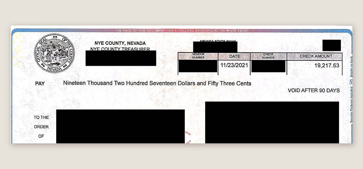 Nye County, NV treasurer check for $19,217.53 recovered by Overage Acquisition
