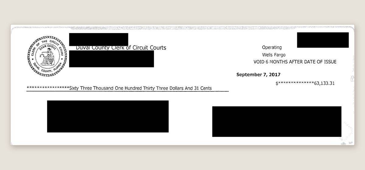 Duval County, FL treasurer check for $63,133.31 recovered by Overage Acquisition