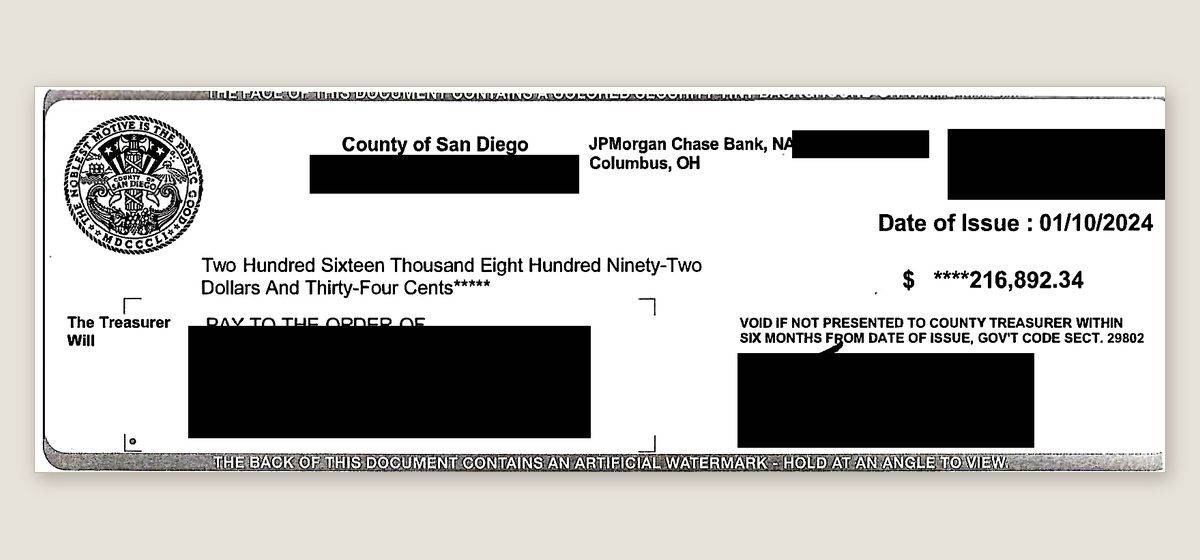 San Diego County, CA treasurer check for $216,892.34 recovered by Overage Acquisition