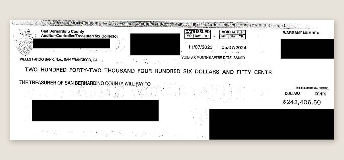 San Bernardino County, CA treasurer check for $242,406.50 recovered by Overage Acquisition