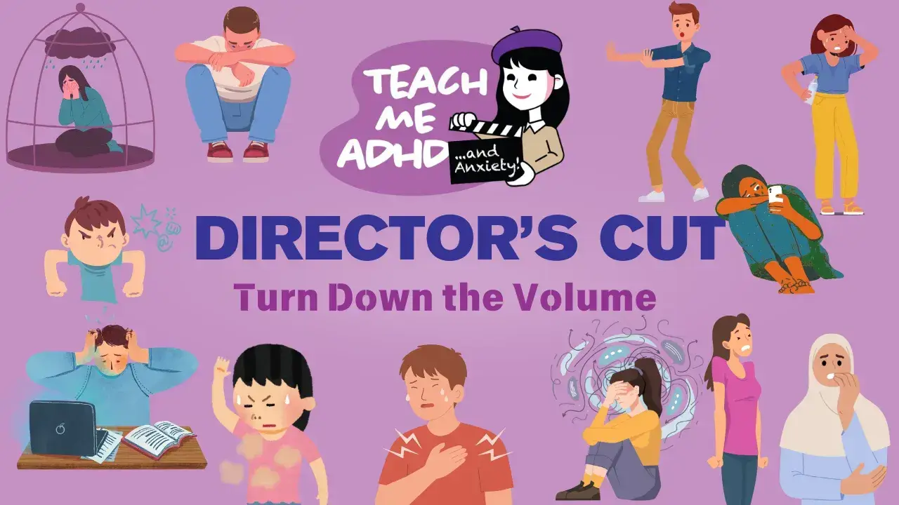 Image says: Teach Me ADHD Director's Cut. What's the show about? All about ADHD. There are graphics of teens and brains all around the outside of the image.