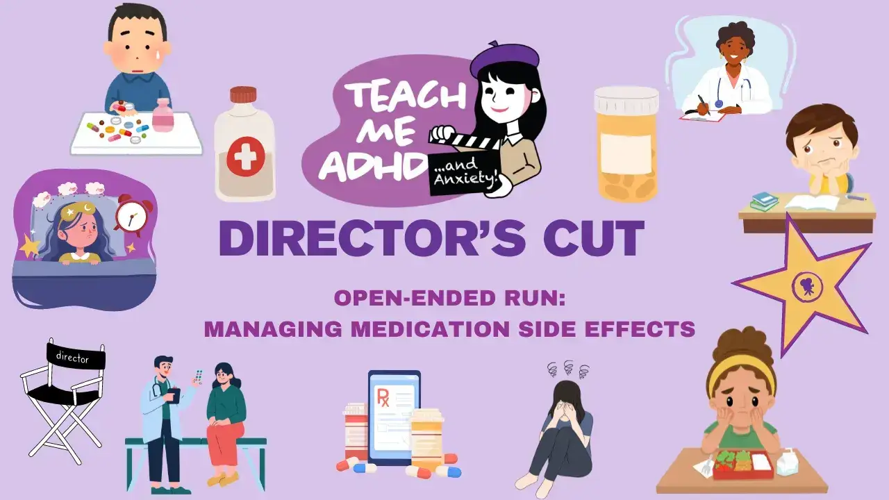 Image says: Teach Me ADHD Director's Cut. What's the show about? All about ADHD. There are graphics of teens and brains all around the outside of the image.