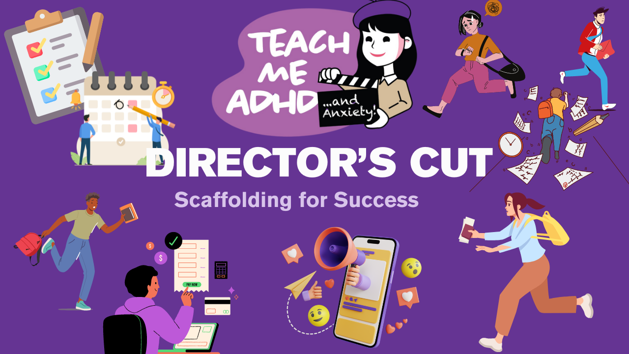 Image says: Teach Me ADHD Director's Cut. What's the show about? All about ADHD. There are graphics of teens and brains all around the outside of the image.