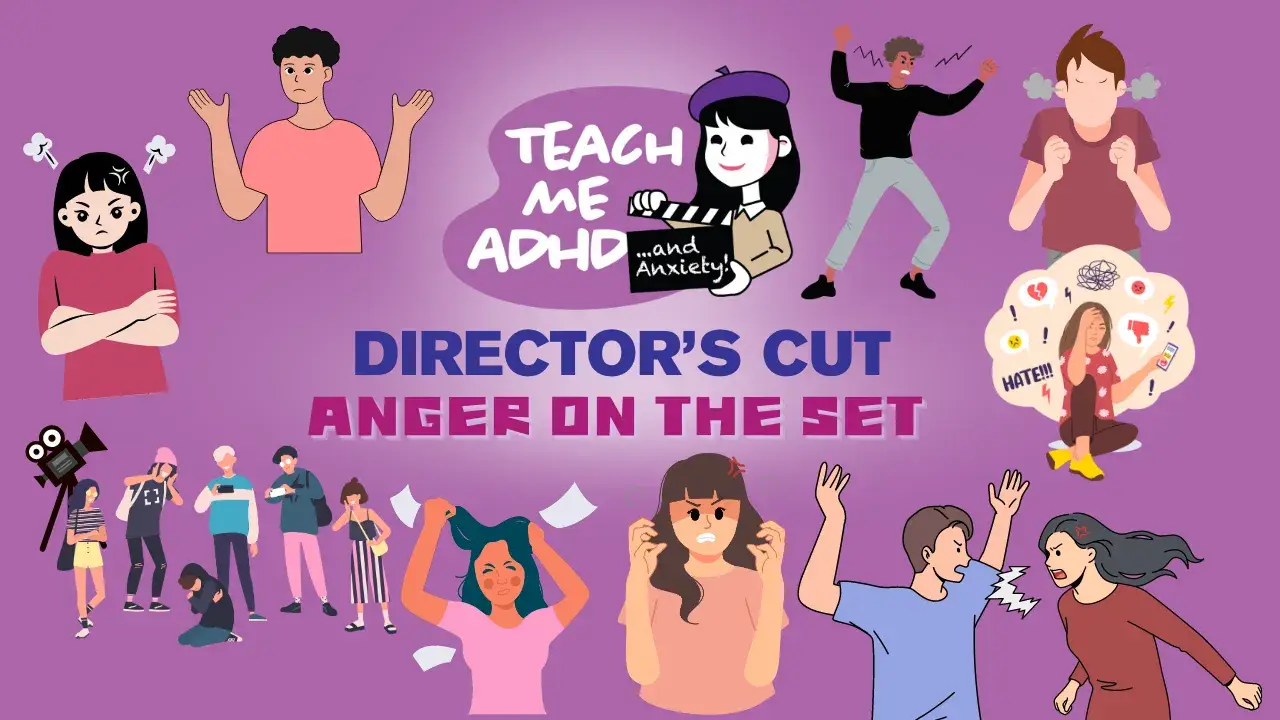 Image says: Teach Me ADHD Director's Cut. What's the show about? All about ADHD. There are graphics of teens and brains all around the outside of the image.