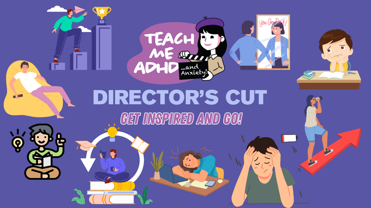 Image says: Teach Me ADHD Director's Cut. What's the show about? All about ADHD. There are graphics of teens and brains all around the outside of the image.