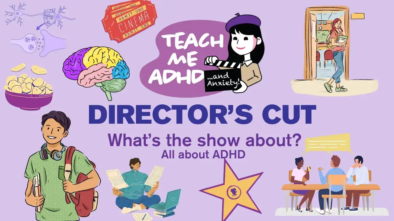 Image says: Teach Me ADHD Director's Cut. What's the show about? All about ADHD. There are graphics of teens and brains all around the outside of the image.