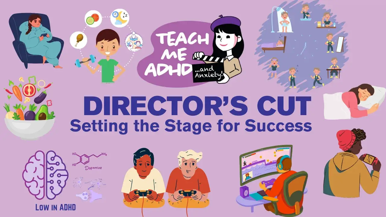 Image says: Teach Me ADHD Director's Cut. Setting the stage for success. There are graphics of teens, food, and brains all around the outside of the image.
