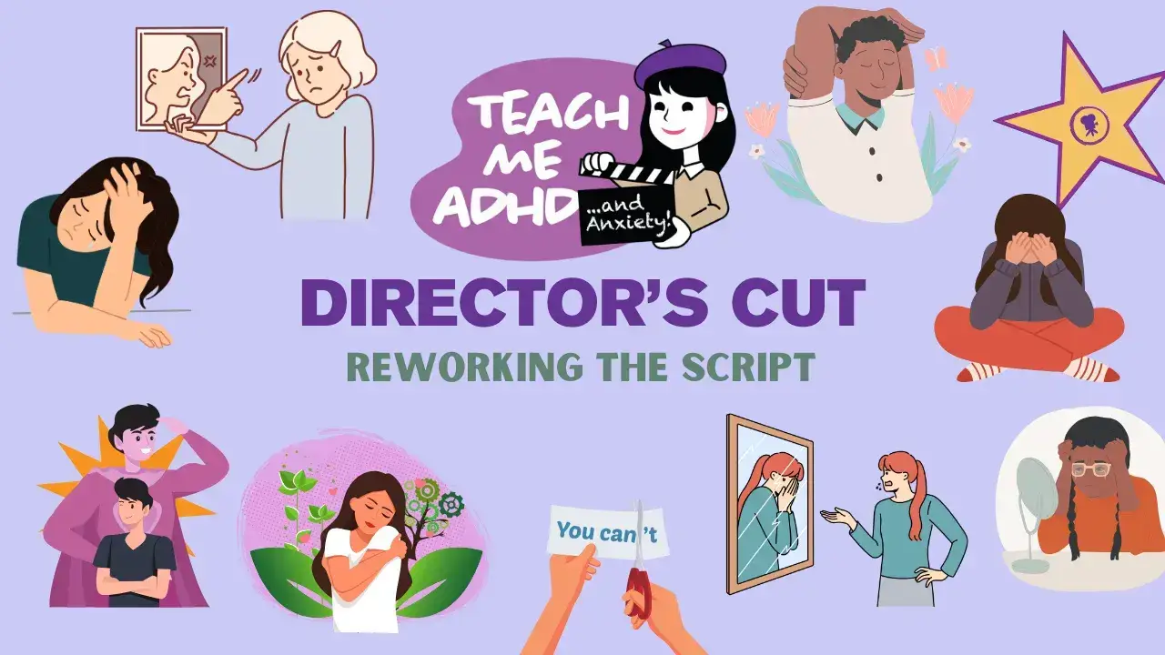 Image says: Teach Me ADHD Director's Cut. What's the show about? All about ADHD. There are graphics of teens and brains all around the outside of the image.