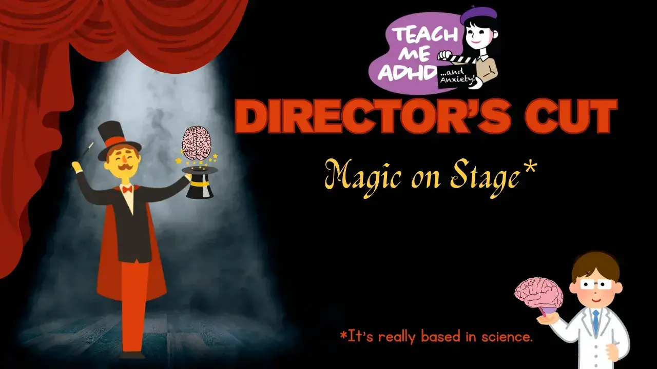 Image says: Teach Me ADHD Director's Cut. What's the show about? All about ADHD. There are graphics of teens and brains all around the outside of the image.
