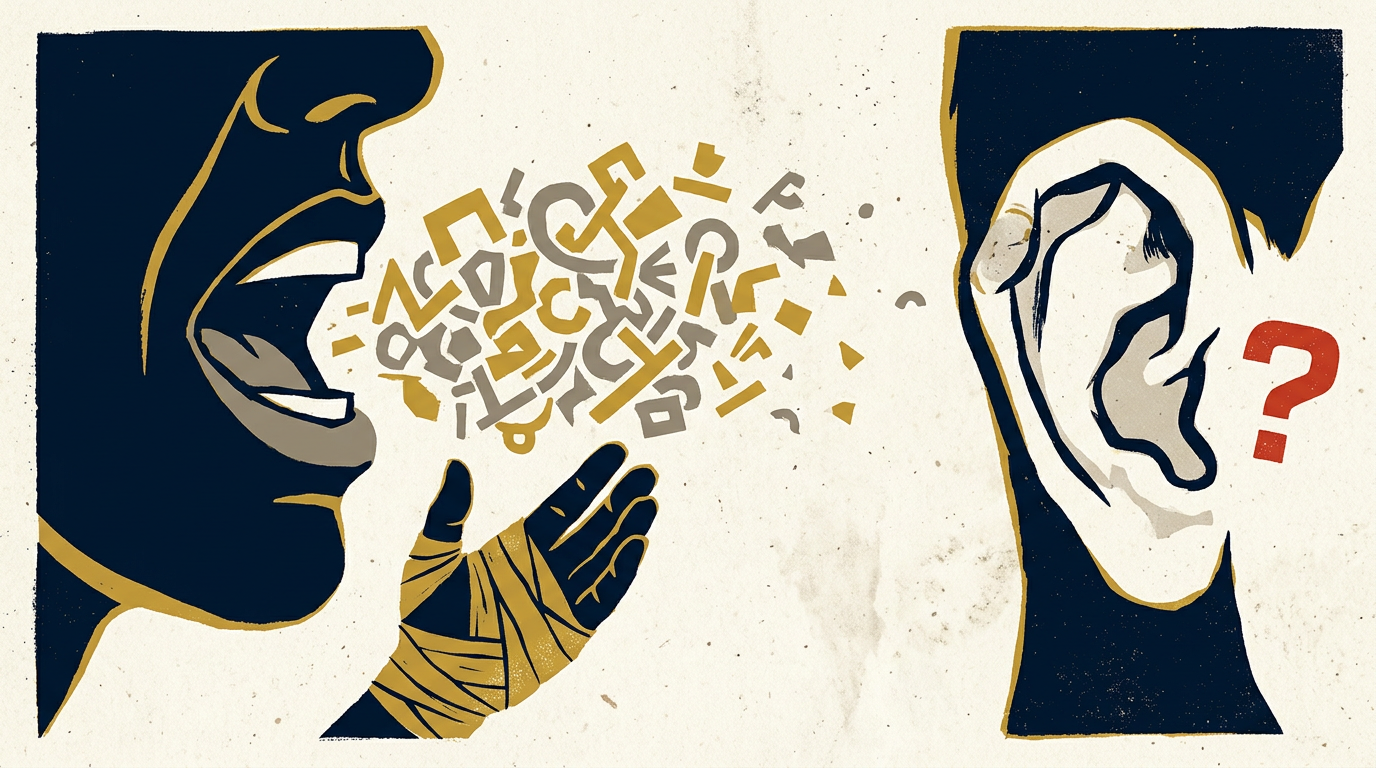 A mouth spilling jumbled symbols toward a confused ear