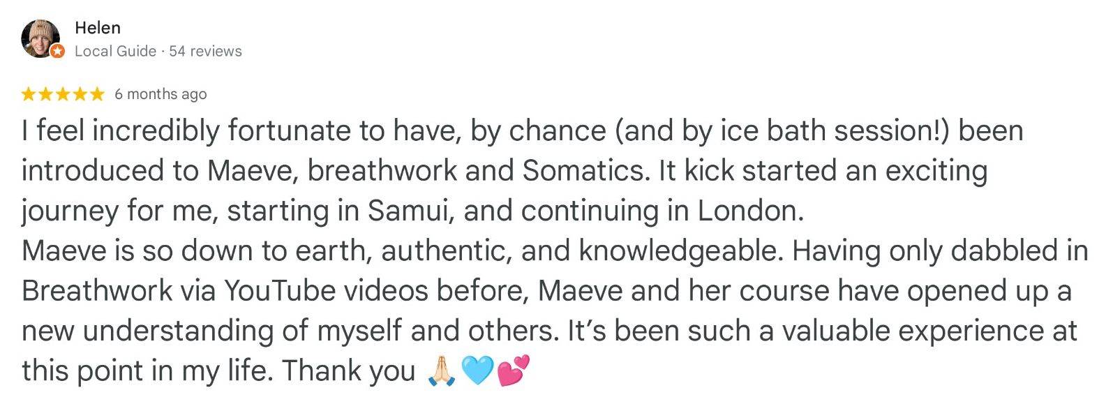 Five-star Google review from a graduate of the breathwork facilitator training on Koh Samui